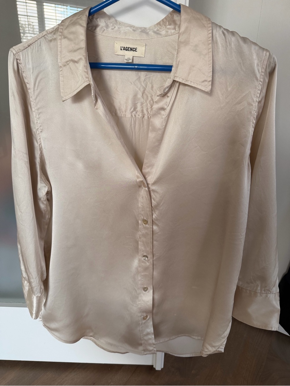 L'AGENCE Soft Champagne Silk V-Neck Button-Front Blouse